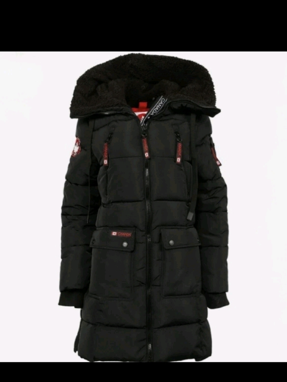 Black Women's Long Puffer Coat Parka with Faux Fur Hood